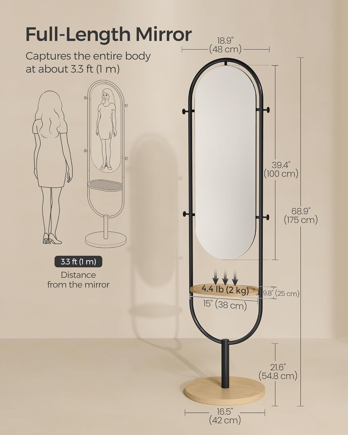 Full Length Floor Mirror with Storage Tray and Hooks, 3 in 1 Standing Full Body Mirror for Bedroom, Entryway and Living Room Oak Beige and Ink Black LFM007Y01 - with | Sold by Uncle Wiener's Wholesale
