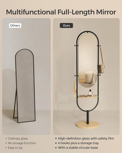 Full Length Floor Mirror with Storage Tray and Hooks, 3 in 1 Standing Full Body Mirror for Bedroom, Entryway and Living Room Oak Beige and Ink Black LFM007Y01 - with | Sold by Uncle Wiener's Wholesale