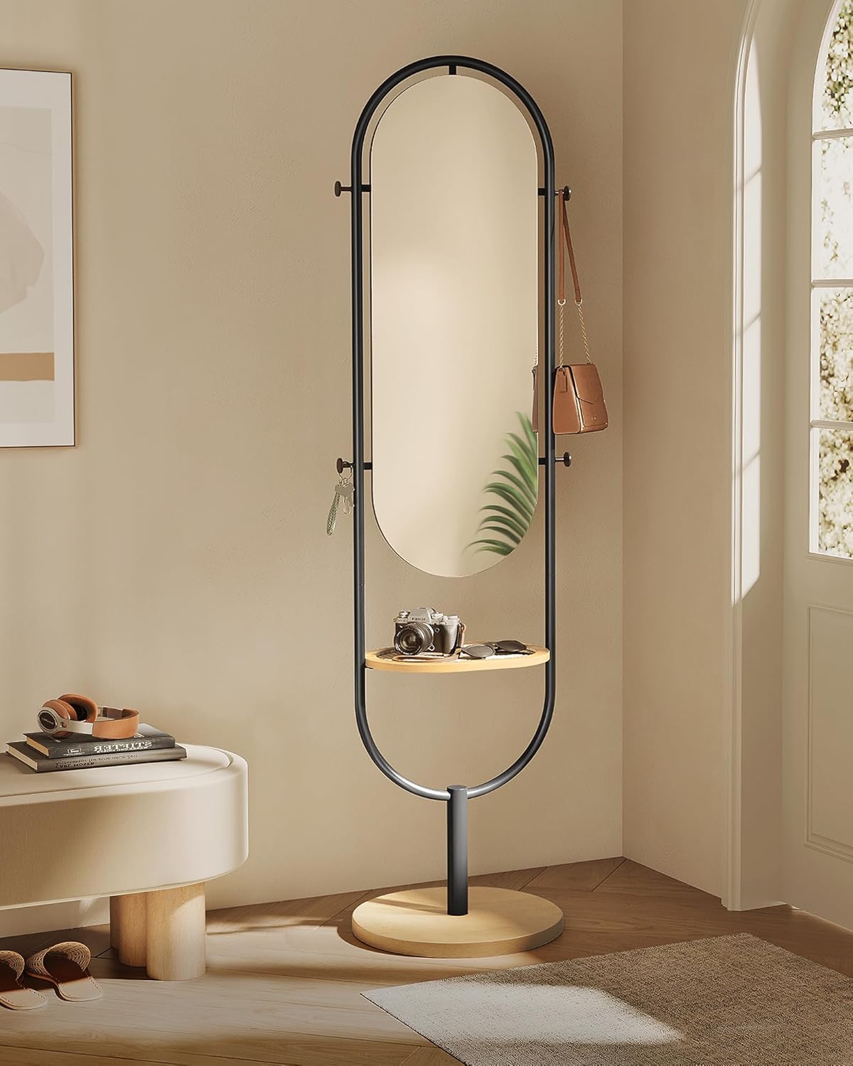 Full Length Floor Mirror with Storage Tray and Hooks, 3 in 1 Standing Full Body Mirror for Bedroom, Entryway and Living Room Oak Beige and Ink Black LFM007Y01 - with | Sold by Uncle Wiener's Wholesale