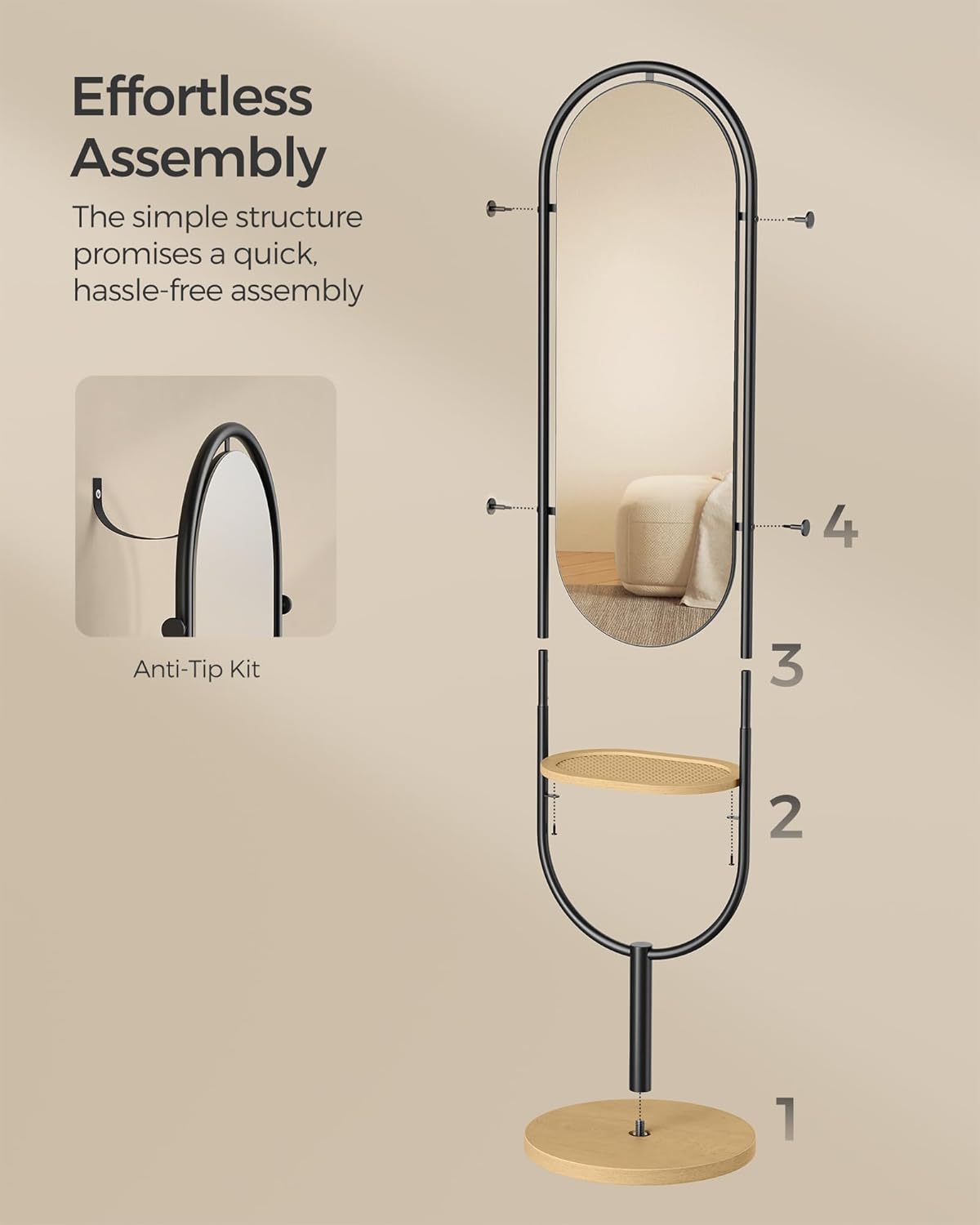 Full Length Floor Mirror with Storage Tray and Hooks, 3 in 1 Standing Full Body Mirror for Bedroom, Entryway and Living Room Oak Beige and Ink Black LFM007Y01 - with | Sold by Uncle Wiener's Wholesale