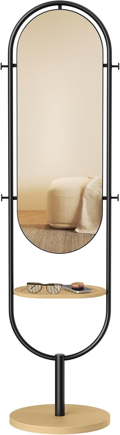 Full Length Floor Mirror with Storage Tray and Hooks, 3 in 1 Standing Full Body Mirror for Bedroom, Entryway and Living Room Oak Beige and Ink Black LFM007Y01 - with | Sold by Uncle Wiener's Wholesale