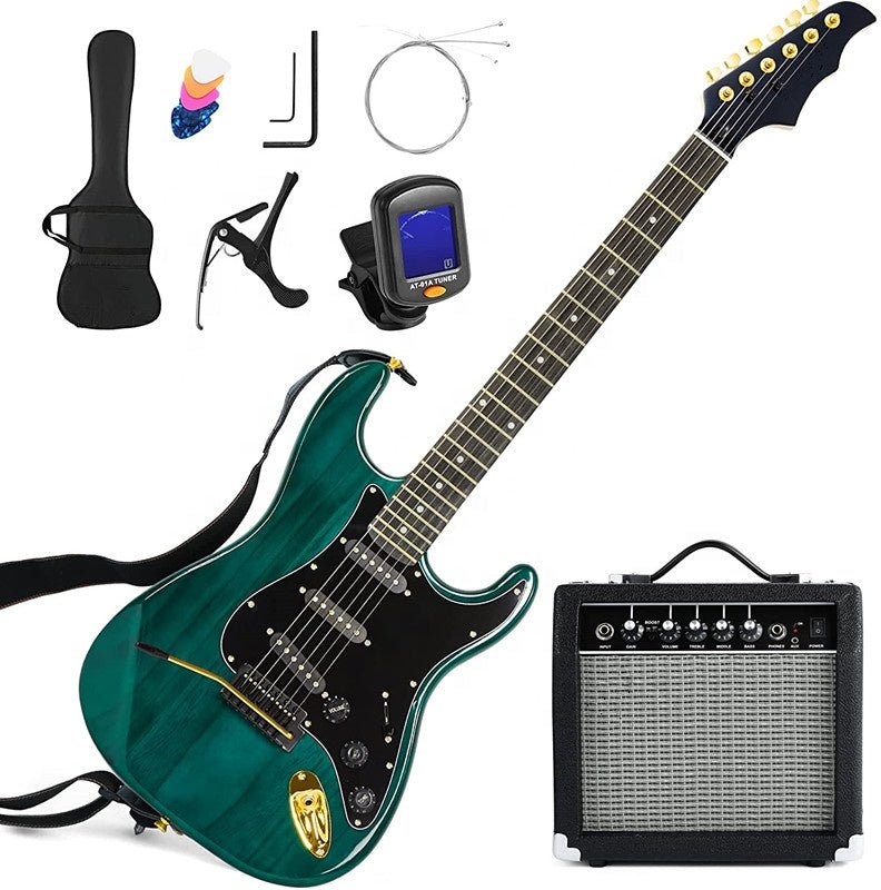 Full Size Electric Guitar ST Style Ripple Green Beginner Guitar Starter Kit with Amp EGSTG5 - with | Sold by Uncle Wiener's Wholesale