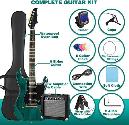 Full Size Electric Guitar ST Style Ripple Green Beginner Guitar Starter Kit with Amp EGSTG5 - with | Sold by Uncle Wiener's Wholesale