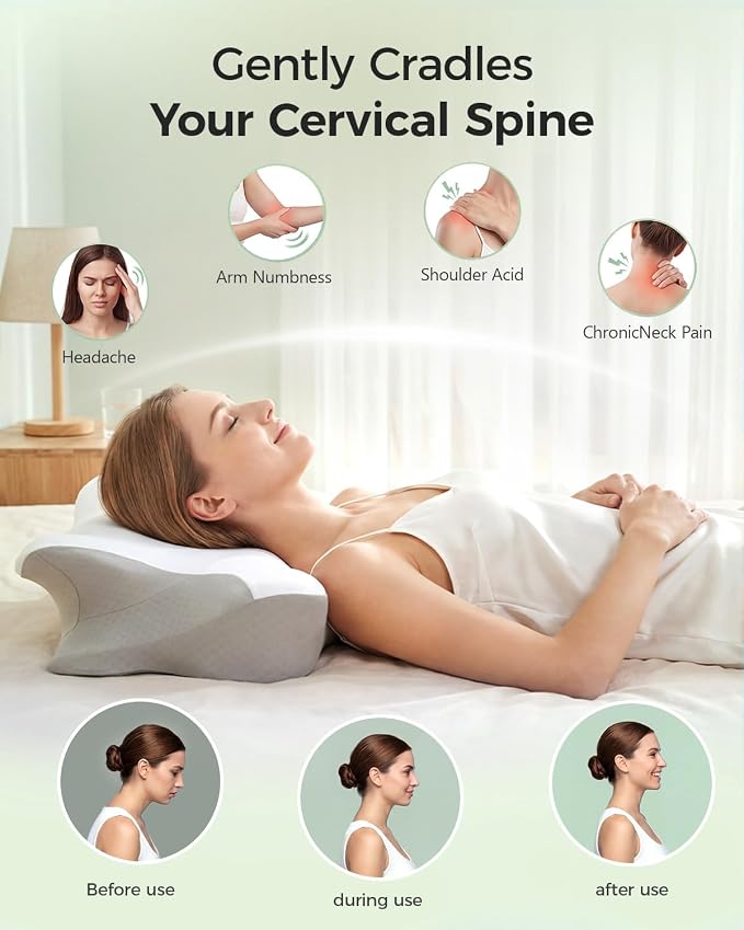 Fumacos Cervical Memory Foam Pillow – Ergonomic Contour Neck Support Pillow with Dual Heights & Cooling Washable Cover, Queen Size - Home products with | Sold by Uncle Wiener's Wholesale