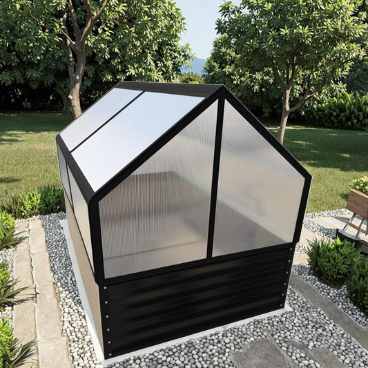 Garden Greenhouse with Raised Bed – Hinged Polycarbonate Panels, Black Aluminum Frame – Model G5681 - with | Sold by Uncle Wiener's Wholesale