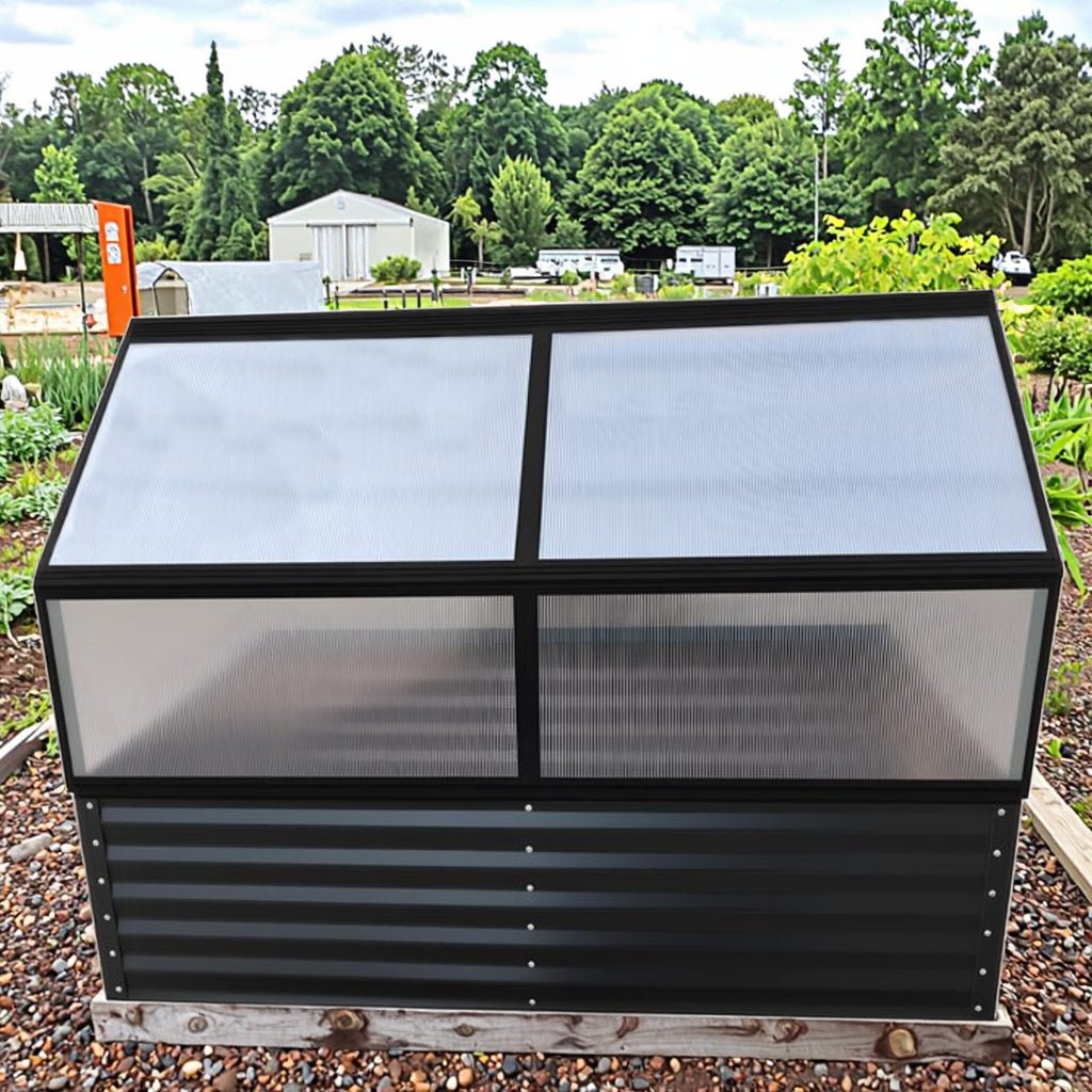 Garden Greenhouse with Raised Bed – Hinged Polycarbonate Panels, Black Aluminum Frame – Model G5681 - with | Sold by Uncle Wiener's Wholesale