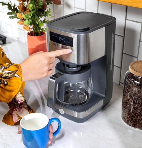GE Drip Coffee Maker With Timer | 12 - Cup Glass Carafe Coffee Pot With Adjustable Keep Warm Plate | Wide Shower Head for Maximum Flavor | Kitchen Essentials | Stainless Steel - with Stainless Steel | Sold by Uncle Wiener's Wholesale