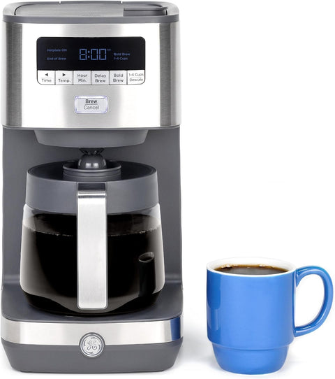 GE Drip Coffee Maker With Timer | 12 - Cup Glass Carafe Coffee Pot With Adjustable Keep Warm Plate | Wide Shower Head for Maximum Flavor | Kitchen Essentials | Stainless Steel - with Stainless Steel | Sold by Uncle Wiener's Wholesale