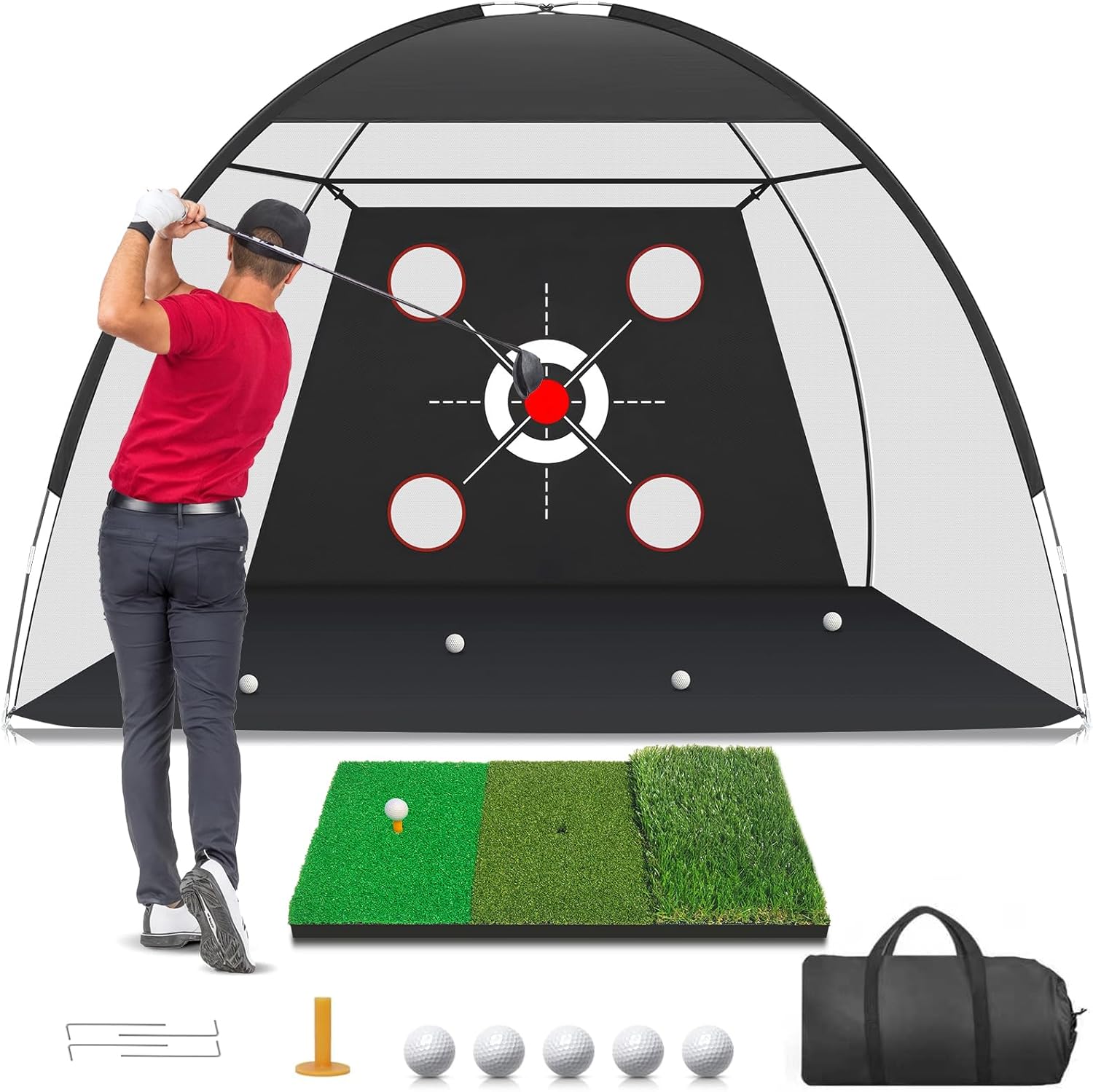 Golf Practice Net: 10x7FT Driving Range with Tri - Turf Mat & Quiet Nylon Target GN1007 - with | Sold by Uncle Wiener's Wholesale
