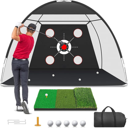 Golf Practice Net: 10x7FT Driving Range with Tri - Turf Mat & Quiet Nylon Target GN1007 - with | Sold by Uncle Wiener's Wholesale