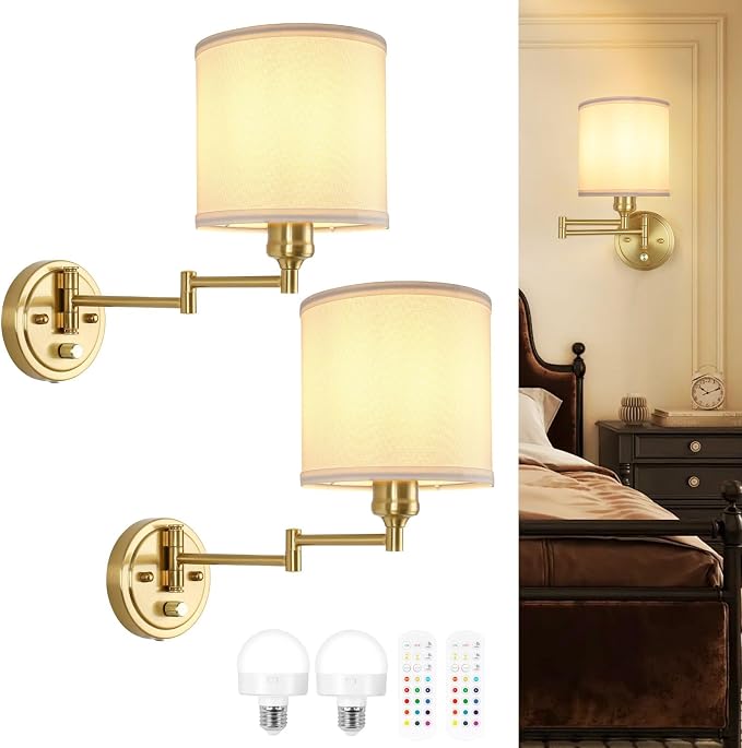 GOODATE Battery Operated Wall Sconce Set of 2 – Rechargeable Wireless Wall Lamps with Remote Control, 15 Color Dimmable LED Lights & White Fabric Shades - Furniture with | Sold by Uncle Wiener's Wholesale
