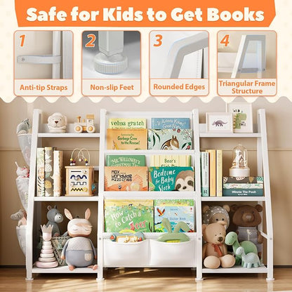 GoTiling Kids Bookshelf and Toy Storage Organizer – 3-Tier Montessori Book Sling Shelf with 14 Storage Compartments & 3 Fabric Pockets - Furniture with | Sold by Uncle Wiener's Wholesale