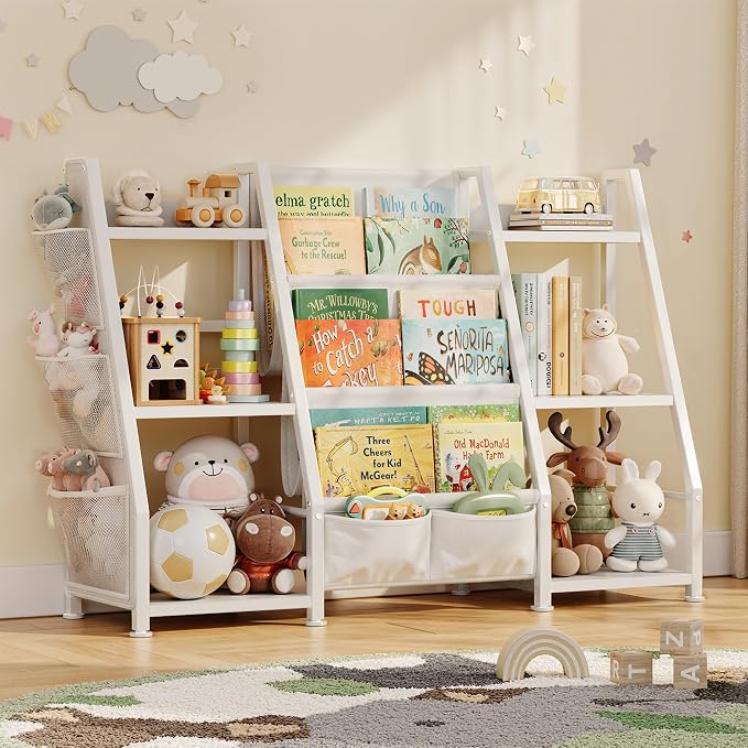 GoTiling Kids Bookshelf and Toy Storage Organizer – 3-Tier Montessori Book Sling Shelf with 14 Storage Compartments & 3 Fabric Pockets - Furniture with | Sold by Uncle Wiener's Wholesale
