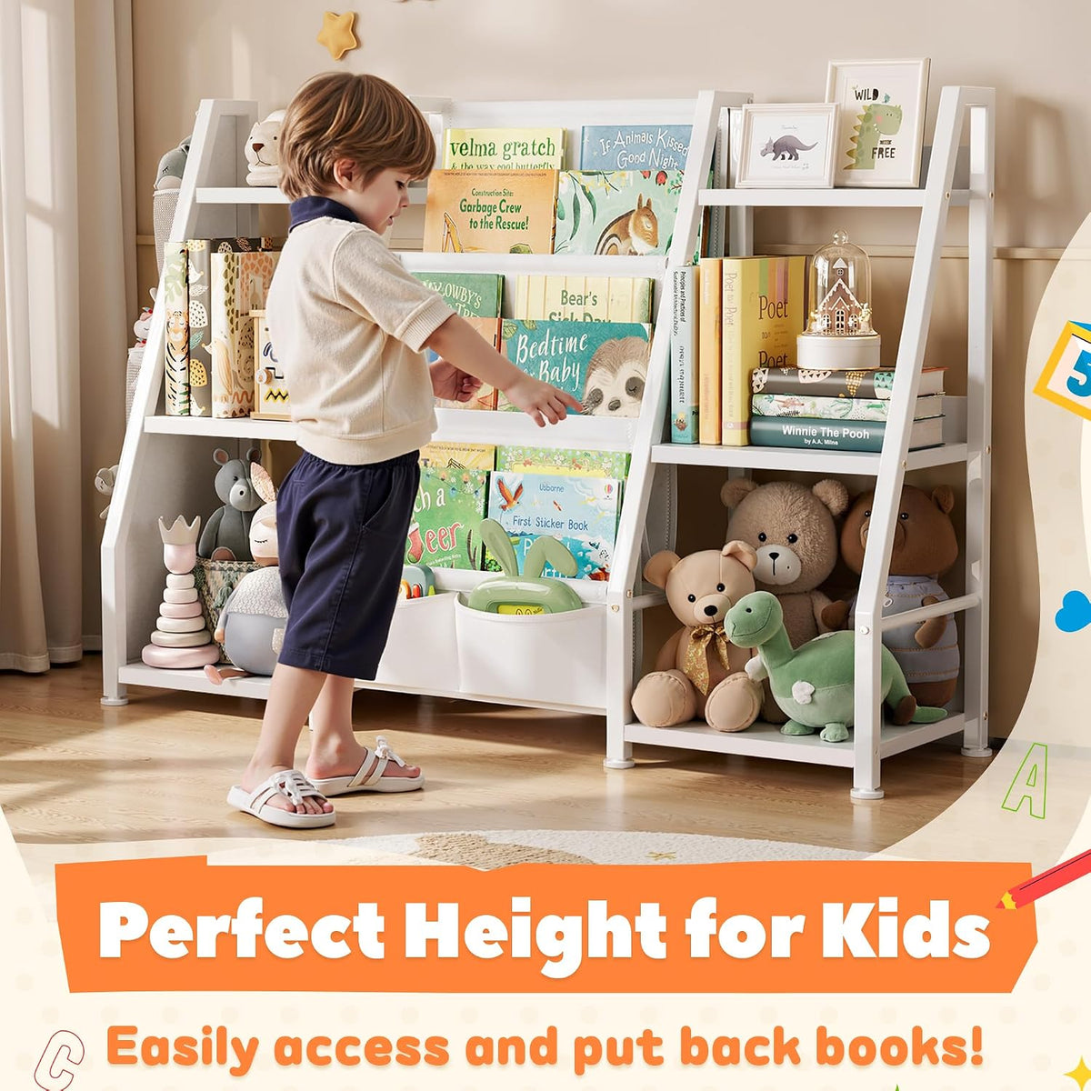 GoTiling Kids Bookshelf and Toy Storage Organizer – 3-Tier Montessori Book Sling Shelf with 14 Storage Compartments & 3 Fabric Pockets - Furniture with | Sold by Uncle Wiener's Wholesale