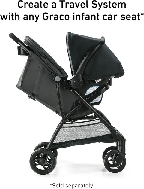 Graco NimbleLite Lightweight Baby Stroller – Gotham front view
Graco baby stroller compact fold – Gotham model
Stroller with cup holders and child tray – Graco NimbleLite
Lightweight stroller with car seat compatibility and canopy