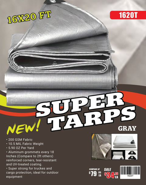 Gray 10 Mil Heavy - Duty Waterproof Tarp – All - Weather Poly Cover with Reinforced Grommets | Multiple Sizes (10x10 to 20x30 FT) - with 16X20 FT 1620T | Sold by Uncle Wiener's Wholesale