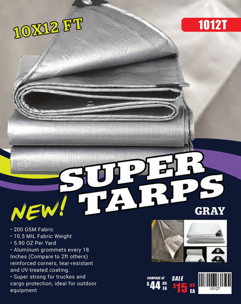Gray 10 Mil Heavy - Duty Waterproof Tarp – All - Weather Poly Cover with Reinforced Grommets | Multiple Sizes (10x10 to 20x30 FT) - with 10X12 FT 1012T | Sold by Uncle Wiener's Wholesale