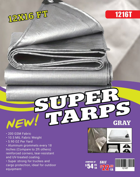 Gray 10 Mil Heavy - Duty Waterproof Tarp – All - Weather Poly Cover with Reinforced Grommets | Multiple Sizes (10x10 to 20x30 FT) - with 12X16 FT 1216T | Sold by Uncle Wiener's Wholesale