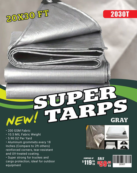 Gray 10 Mil Heavy - Duty Waterproof Tarp – All - Weather Poly Cover with Reinforced Grommets | Multiple Sizes (10x10 to 20x30 FT) - with 20X30 FT 2030T | Sold by Uncle Wiener's Wholesale