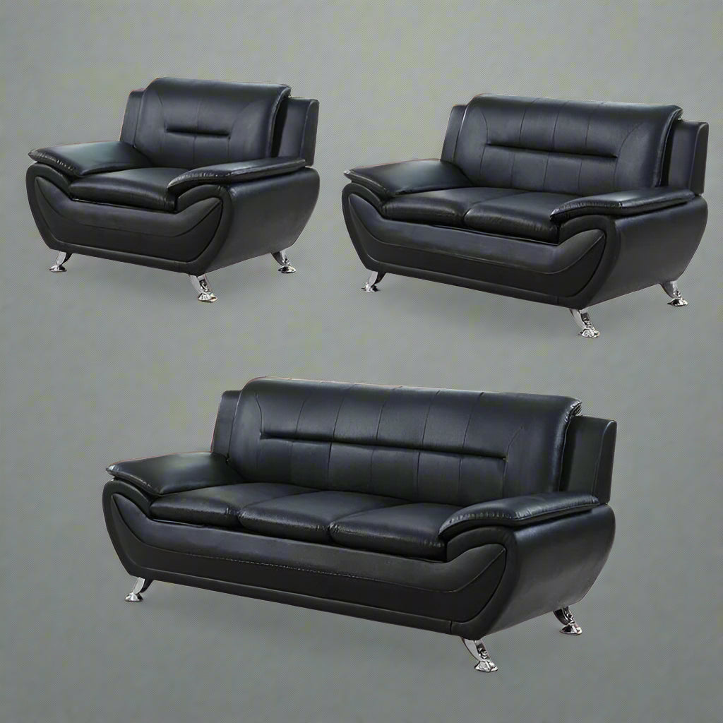 3PCS Modern Faux Leather Sofa Set – Red & Black Sofa, Loveseat, and Armchair with Chrome Legs for Contemporary Living Room