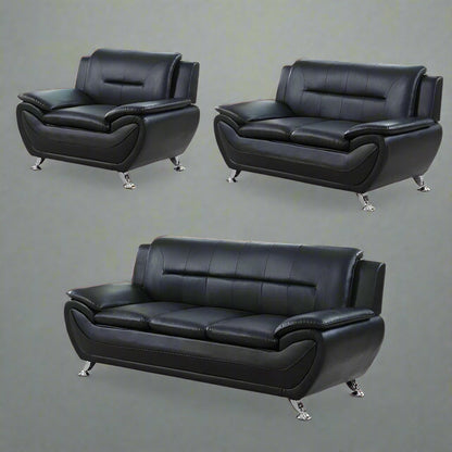 3PCS Modern Faux Leather Sofa Set – Red & Black Sofa, Loveseat, and Armchair with Chrome Legs for Contemporary Living Room