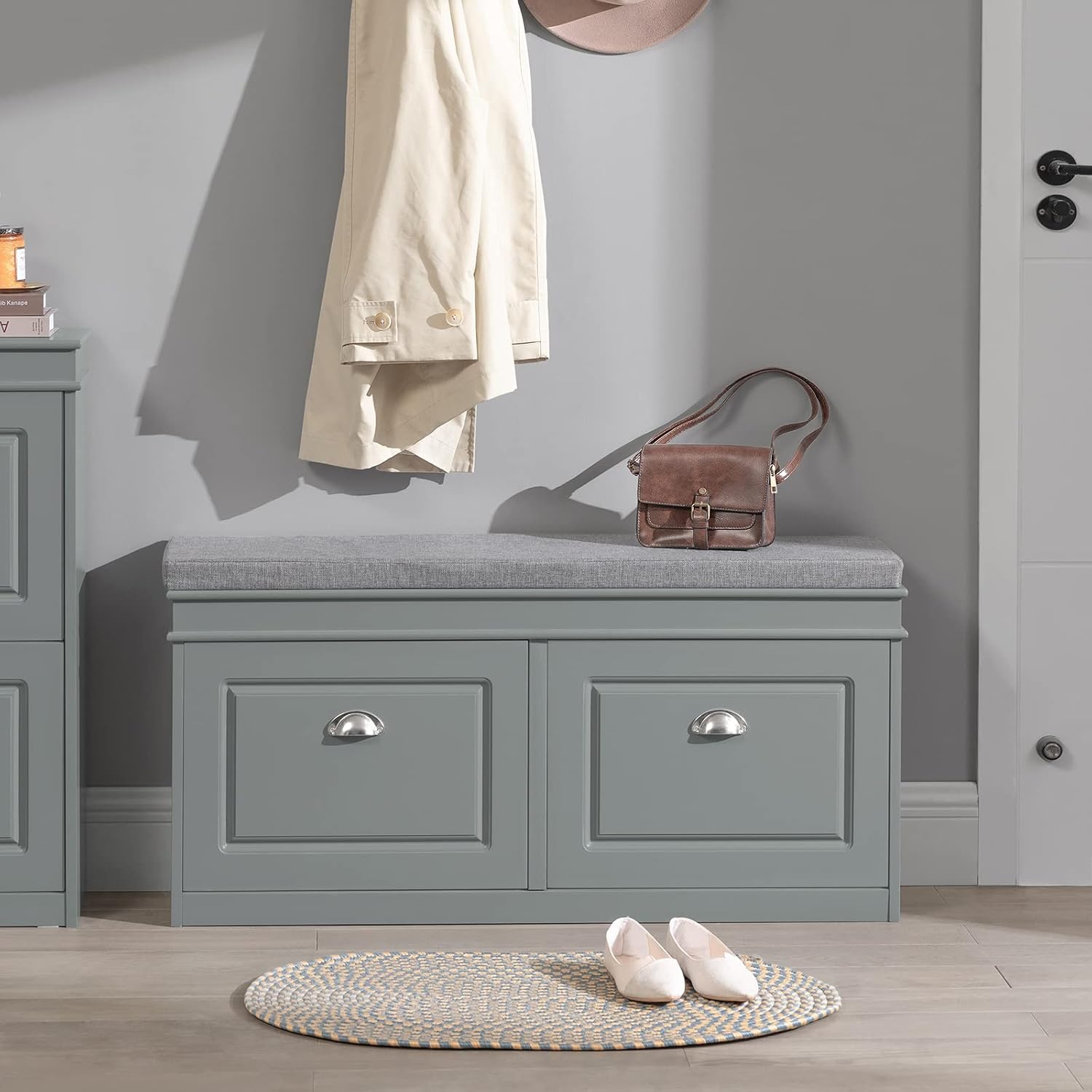 Grey Storage Shoe Bench with Flip Drawers & Cushion Seat – Modern Entryway Cabinet FSR64HG - with | Sold by Uncle Wiener's Wholesale