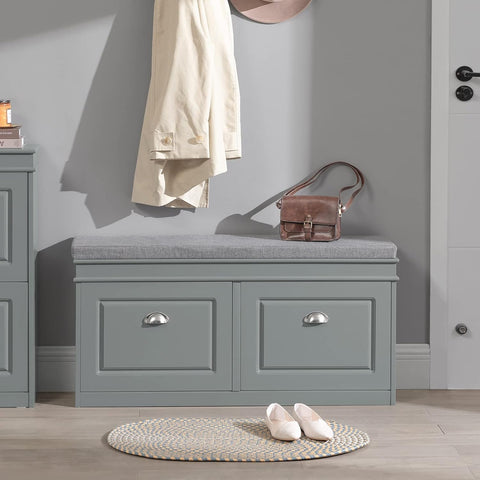 Grey Storage Shoe Bench with Flip Drawers & Cushion Seat – Modern Entryway Cabinet FSR64HG - with | Sold by Uncle Wiener's Wholesale