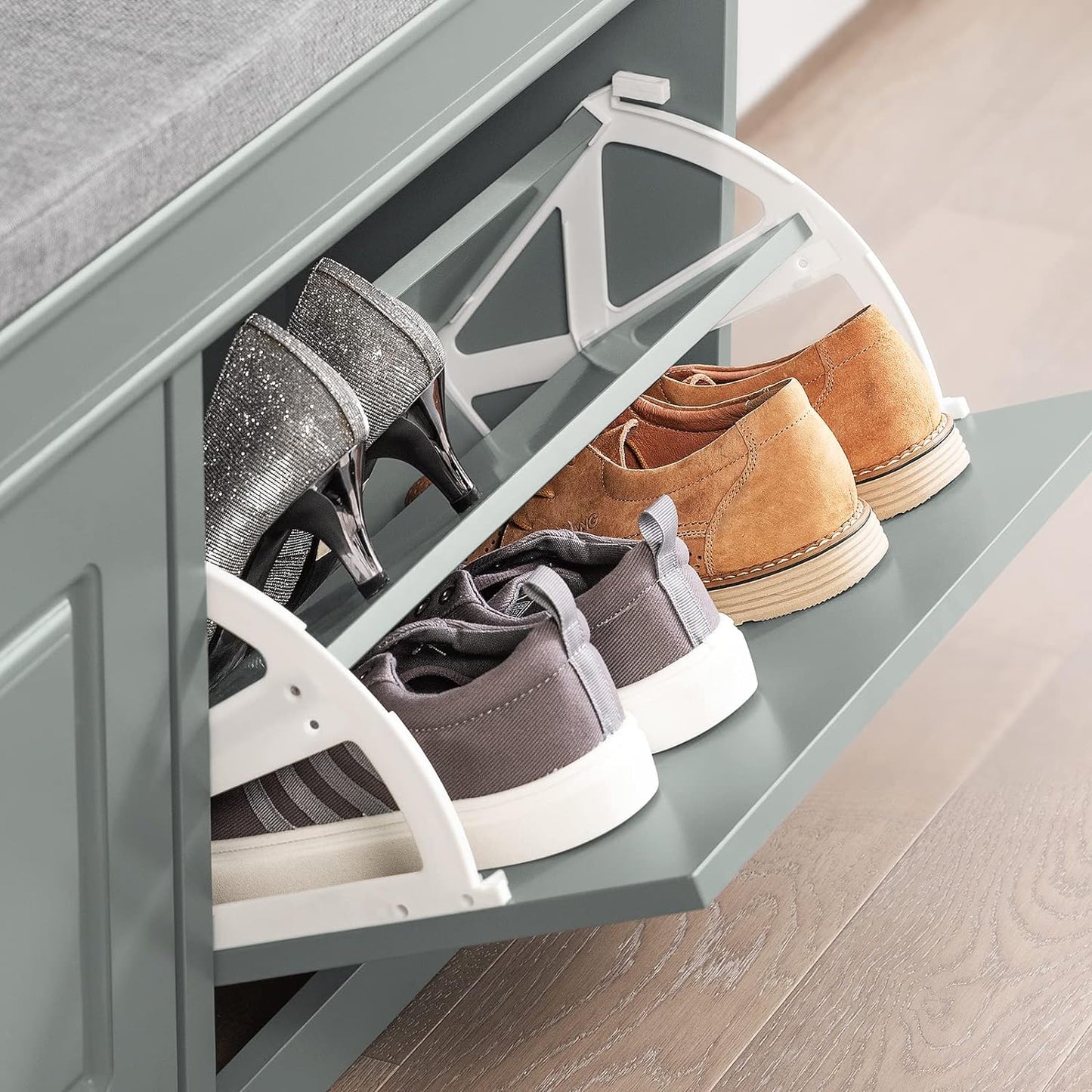 Grey Storage Shoe Bench with Flip Drawers & Cushion Seat – Modern Entryway Cabinet FSR64HG - with | Sold by Uncle Wiener's Wholesale