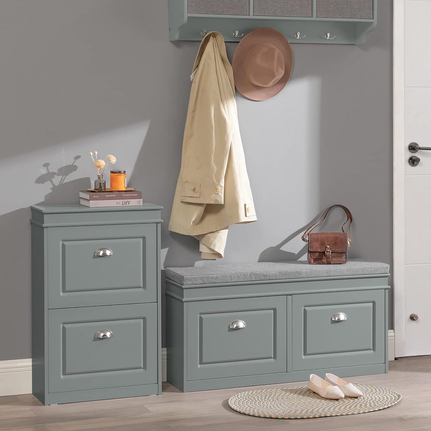 Grey Storage Shoe Bench with Flip Drawers & Cushion Seat – Modern Entryway Cabinet FSR64HG - with | Sold by Uncle Wiener's Wholesale