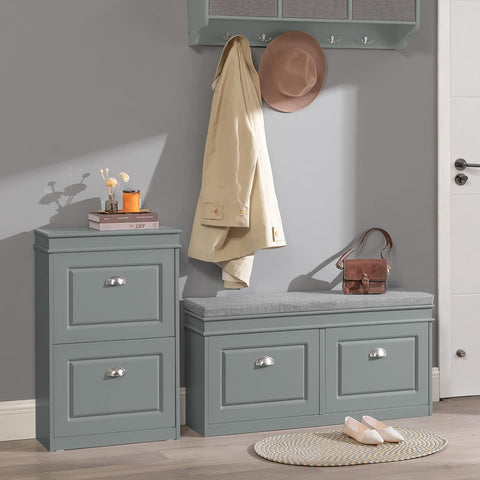 Grey Storage Shoe Bench with Flip Drawers & Cushion Seat – Modern Entryway Cabinet FSR64HG - with | Sold by Uncle Wiener's Wholesale