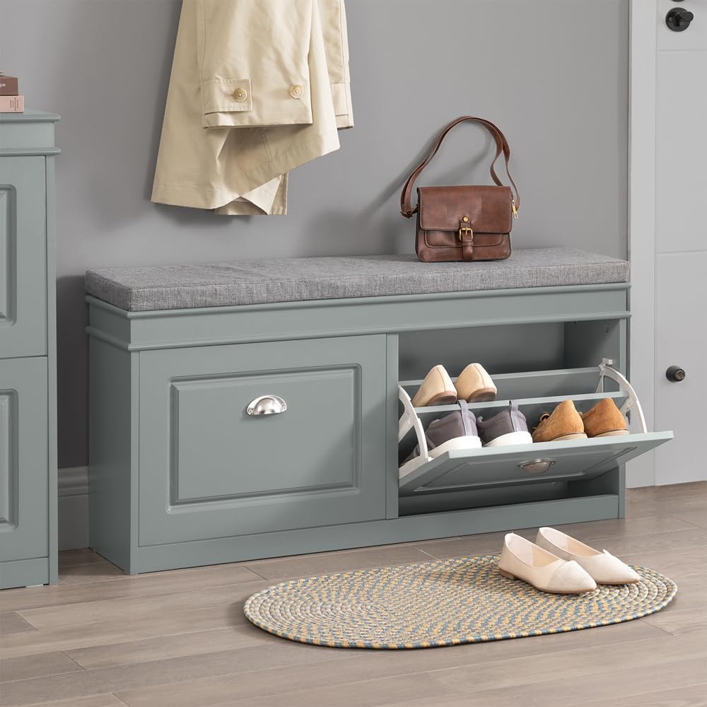 Grey Storage Shoe Bench with Flip Drawers & Cushion Seat – Modern Entryway Cabinet FSR64HG - with | Sold by Uncle Wiener's Wholesale