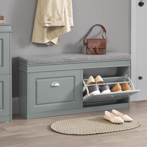 Grey Storage Shoe Bench with Flip Drawers & Cushion Seat – Modern Entryway Cabinet FSR64HG - with | Sold by Uncle Wiener's Wholesale