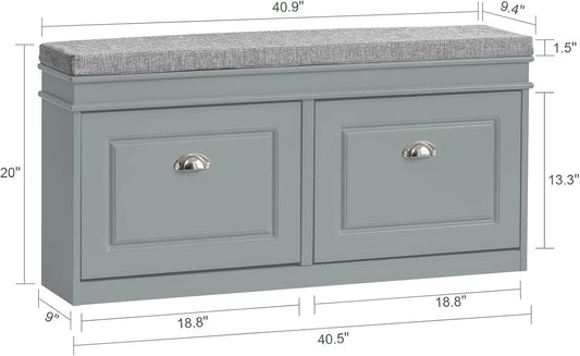 Grey Storage Shoe Bench with Flip Drawers & Cushion Seat – Modern Entryway Cabinet FSR64HG - with | Sold by Uncle Wiener's Wholesale