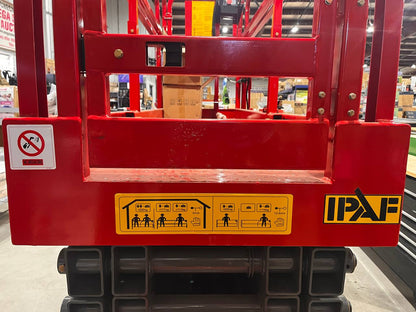 GTJZ08 Electric Scissor Lift full view in warehouse

Platform view showing foldable guardrails

Lift extended to 10M with worker on platform

Side profile highlighting tire system

Control panel and safety features close-up