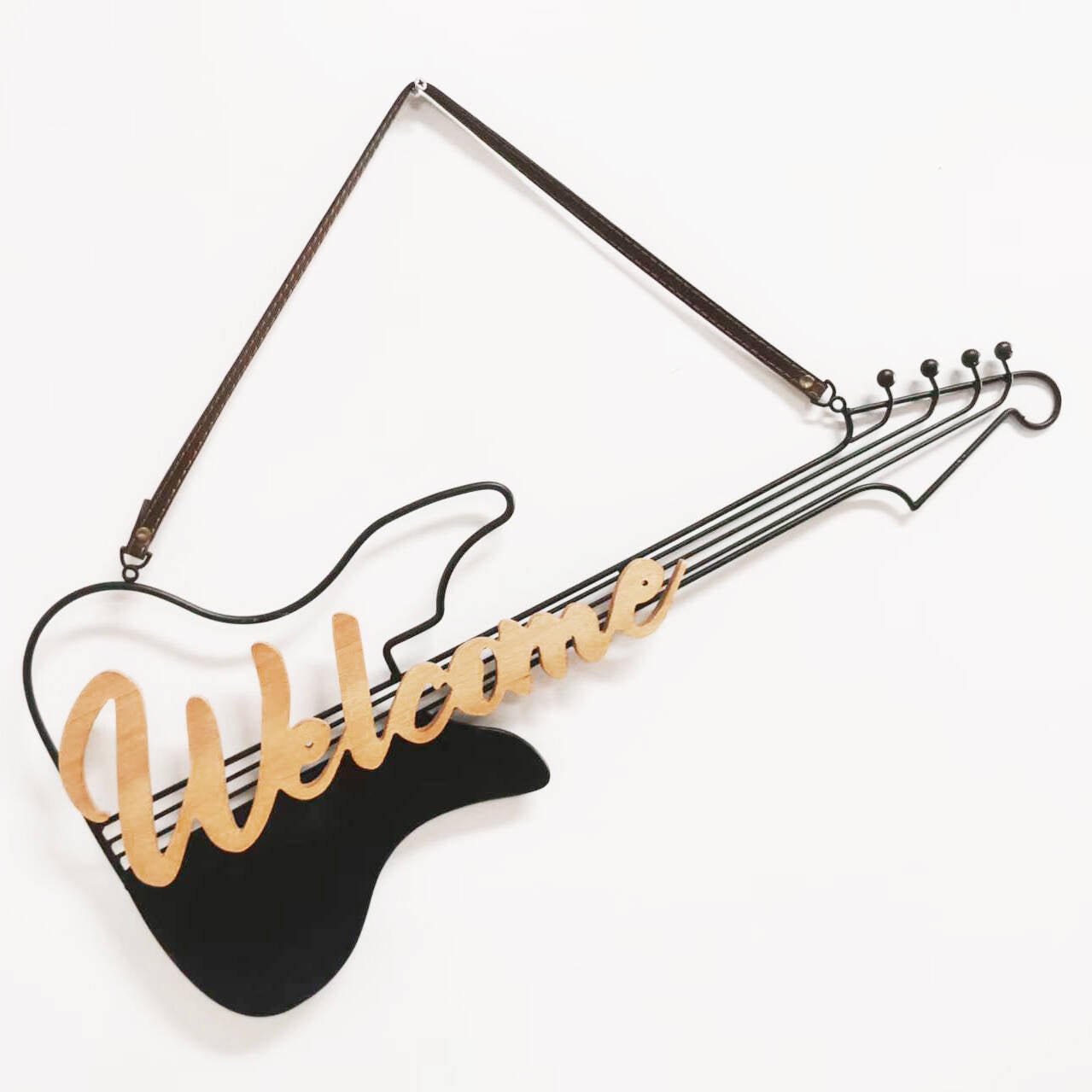 Guitar Shaped Metal Wall Decoration with “Welcome” Sign – 24"x10" Iron + MDF Hanging Art H0762 - with | Sold by Uncle Wiener's Wholesale