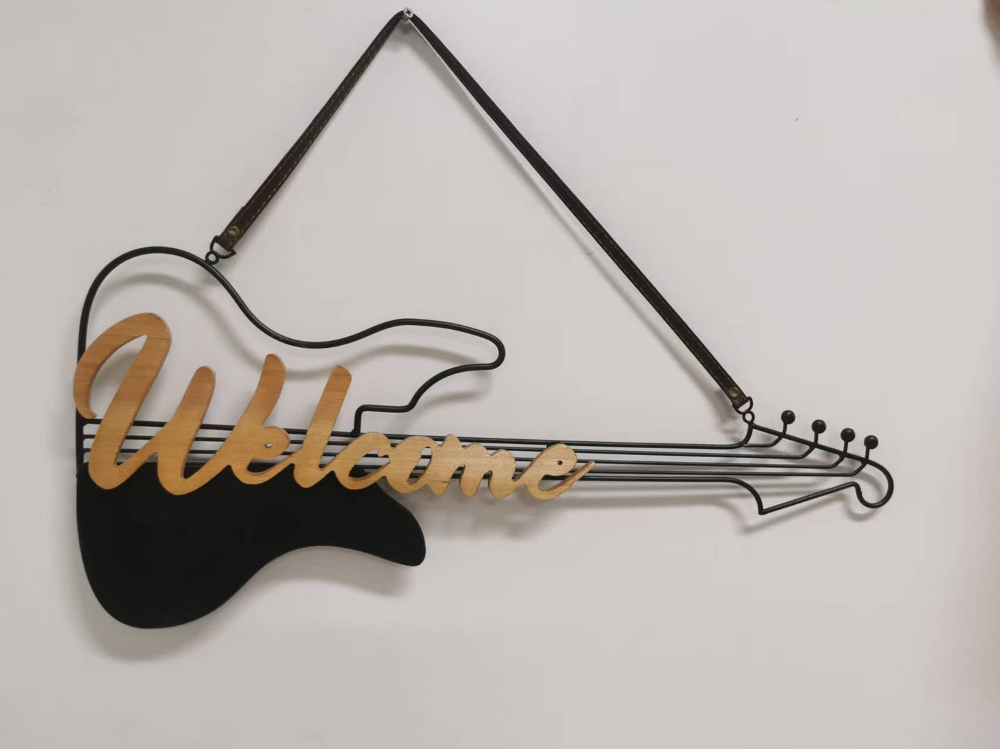 Guitar Shaped Metal Wall Decoration with “Welcome” Sign – 24"x10" Iron + MDF Hanging Art H0762 - with | Sold by Uncle Wiener's Wholesale