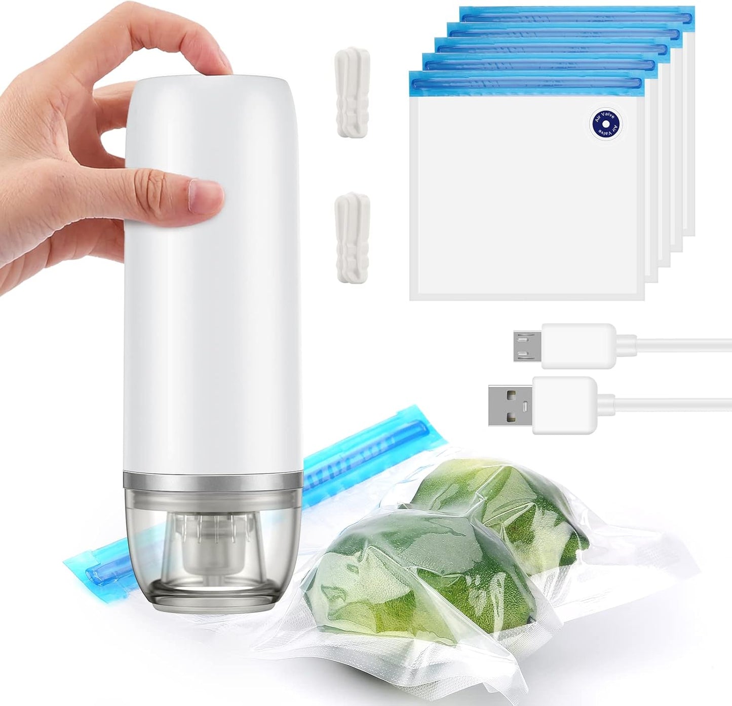 Handheld Vacuum Sealer for Food 60 KPa Portable Mini Food Saver with 10 Reusable Bags VS1054 - with | Sold by Uncle Wiener's Wholesale