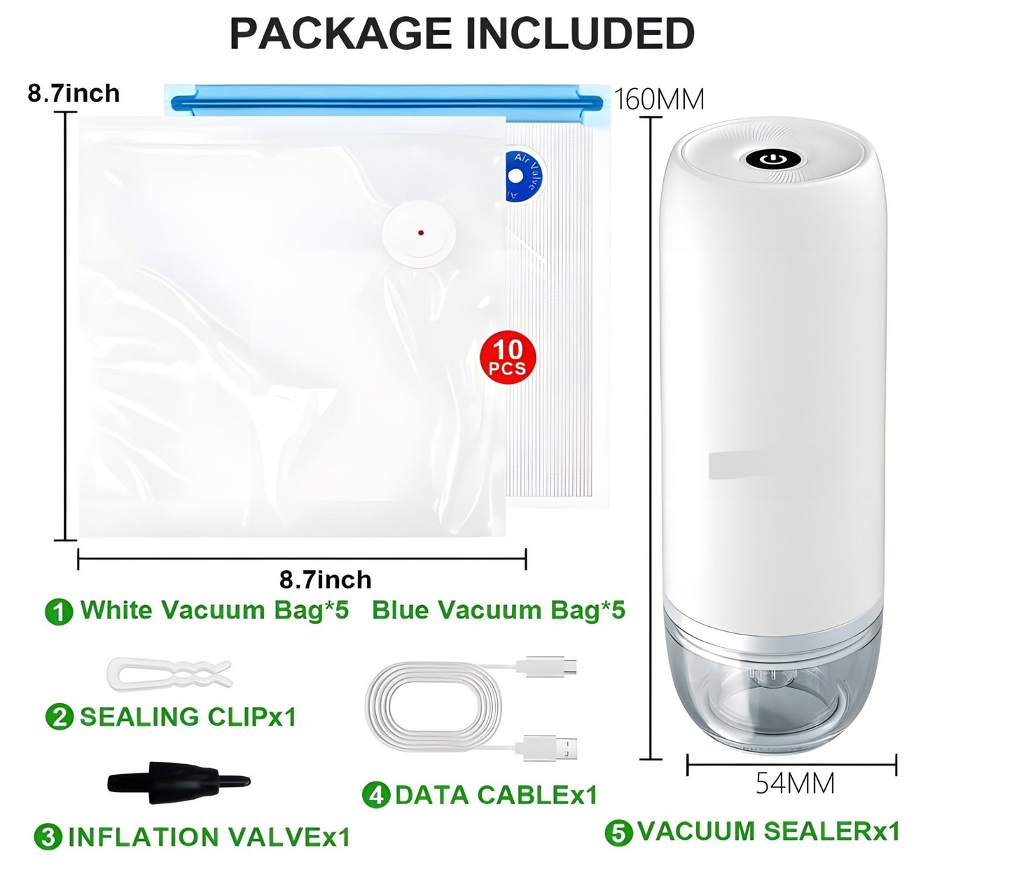 Handheld Vacuum Sealer for Food 60 KPa Portable Mini Food Saver with 10 Reusable Bags VS1054 - with | Sold by Uncle Wiener's Wholesale