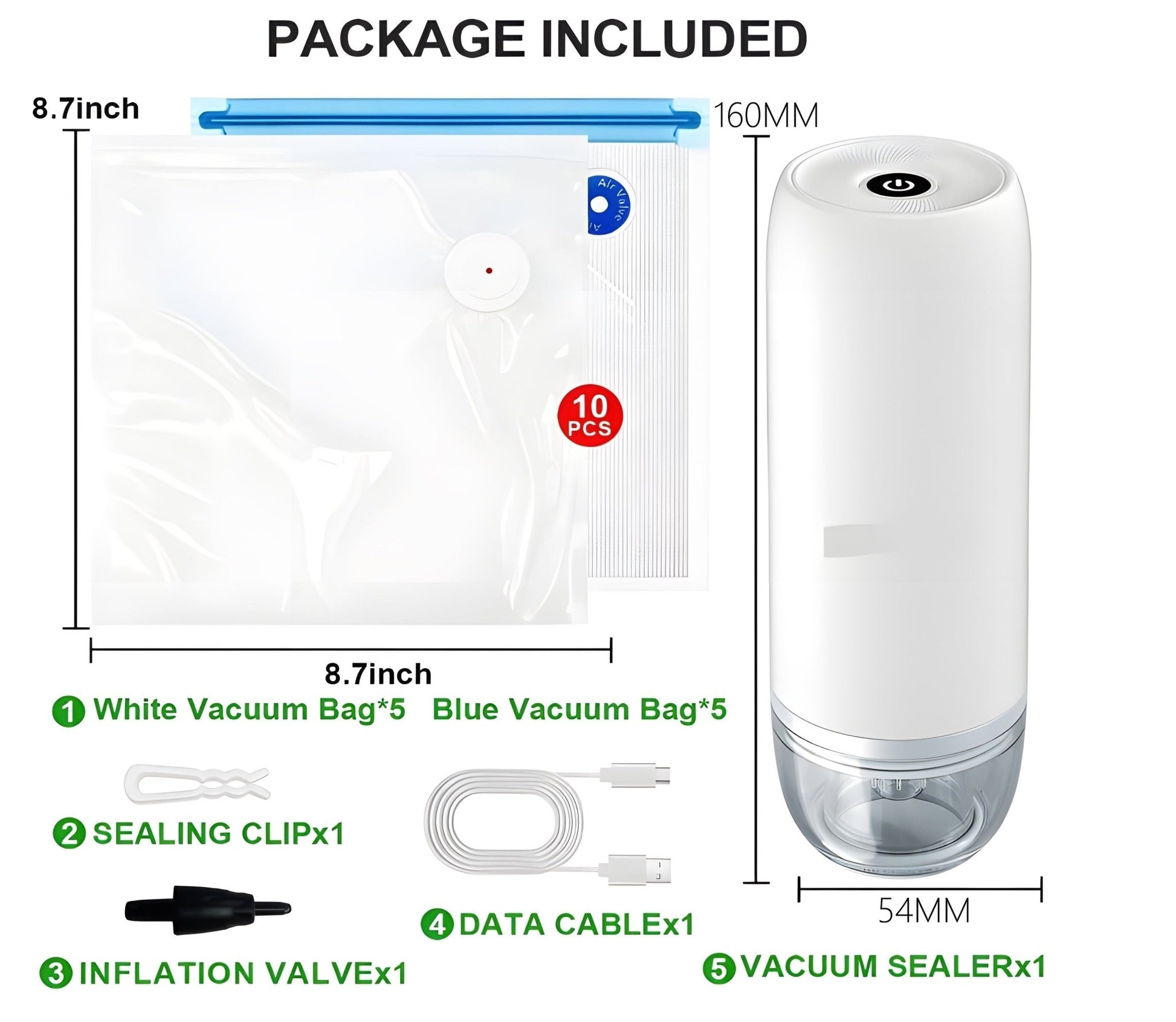 Handheld Vacuum Sealer for Food 60 KPa Portable Mini Food Saver with 10 Reusable Bags VS1054 - with | Sold by Uncle Wiener's Wholesale