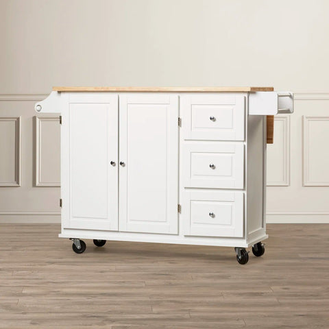 Hardwood Top Rolling Kitchen Island Cart with Drop Leaf, Drawers & Cabinet – White – SKU JWKT3272 - with | Sold by Uncle Wiener's Wholesale