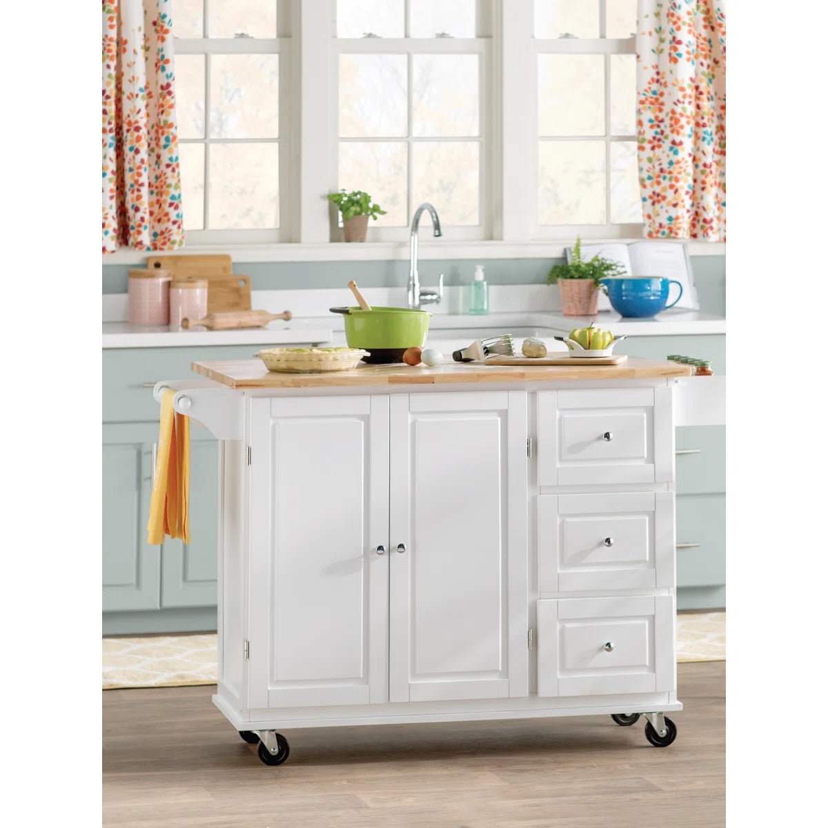 Hardwood Top Rolling Kitchen Island Cart with Drop Leaf, Drawers & Cabinet – White – SKU JWKT3272 - with | Sold by Uncle Wiener's Wholesale