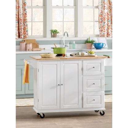 Hardwood Top Rolling Kitchen Island Cart with Drop Leaf, Drawers & Cabinet – White – SKU JWKT3272 - with | Sold by Uncle Wiener's Wholesale