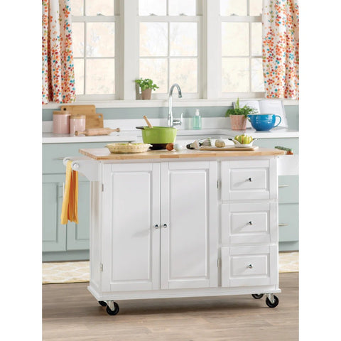 Hardwood Top Rolling Kitchen Island Cart with Drop Leaf, Drawers & Cabinet – White – SKU JWKT3272 - with | Sold by Uncle Wiener's Wholesale