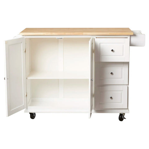 Hardwood Top Rolling Kitchen Island Cart with Drop Leaf, Drawers & Cabinet – White – SKU JWKT3272 - with | Sold by Uncle Wiener's Wholesale