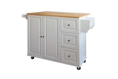 Hardwood Top Rolling Kitchen Island Cart with Drop Leaf, Drawers & Cabinet – White – SKU JWKT3272 - with | Sold by Uncle Wiener's Wholesale