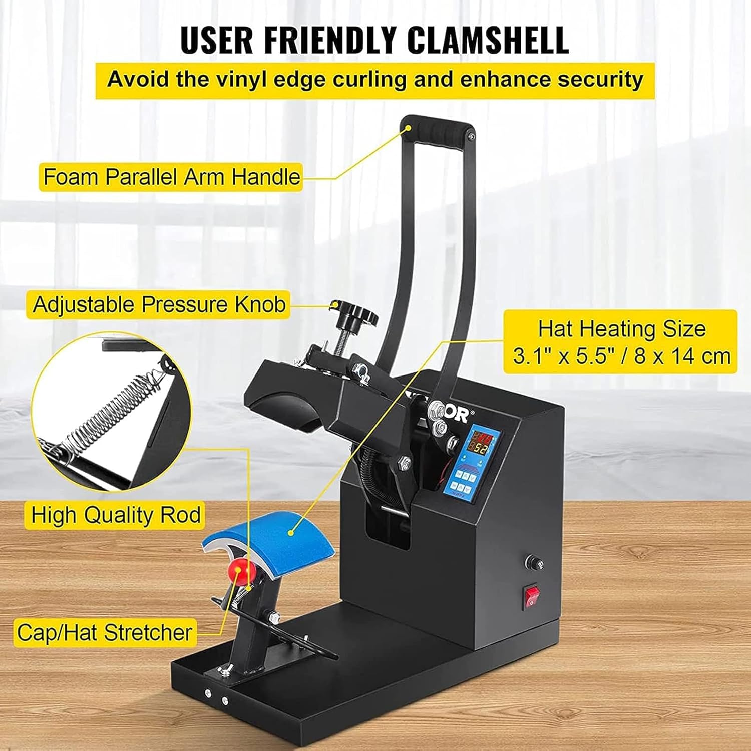 Hat Heat Press, 350W Curved Element Hat Press, LCD Digital Timer Temperature Control, Adjustable Pressure Knob for Hat T-Shirts, Shoes, Hats, Bags Transfer Heat Press - with | Sold by Uncle Wiener's Wholesale