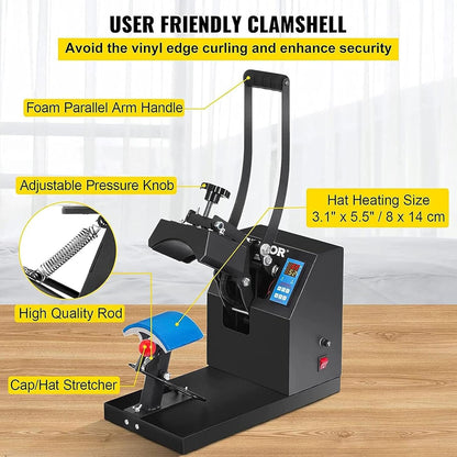 Hat Heat Press, 350W Curved Element Hat Press, LCD Digital Timer Temperature Control, Adjustable Pressure Knob for Hat T-Shirts, Shoes, Hats, Bags Transfer Heat Press - with | Sold by Uncle Wiener's Wholesale