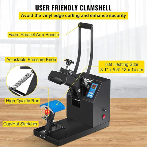 Hat Heat Press, 350W Curved Element Hat Press, LCD Digital Timer Temperature Control, Adjustable Pressure Knob for Hat T-Shirts, Shoes, Hats, Bags Transfer Heat Press - with | Sold by Uncle Wiener's Wholesale