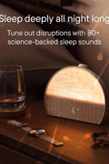 Hatch Restore 3 alarm clock – front view with putty finish
Restore 3 smart clock with sunrise lighting preset
Sound machine alarm clock by Hatch in bedroom
Hatch Restore 3 app features on display