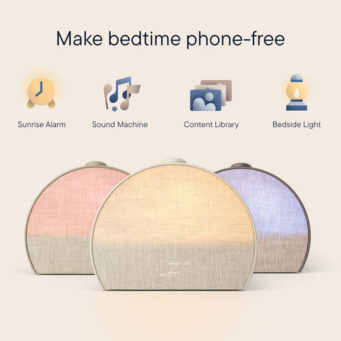 Hatch Restore 3 alarm clock – front view with putty finish
Restore 3 smart clock with sunrise lighting preset
Sound machine alarm clock by Hatch in bedroom
Hatch Restore 3 app features on display